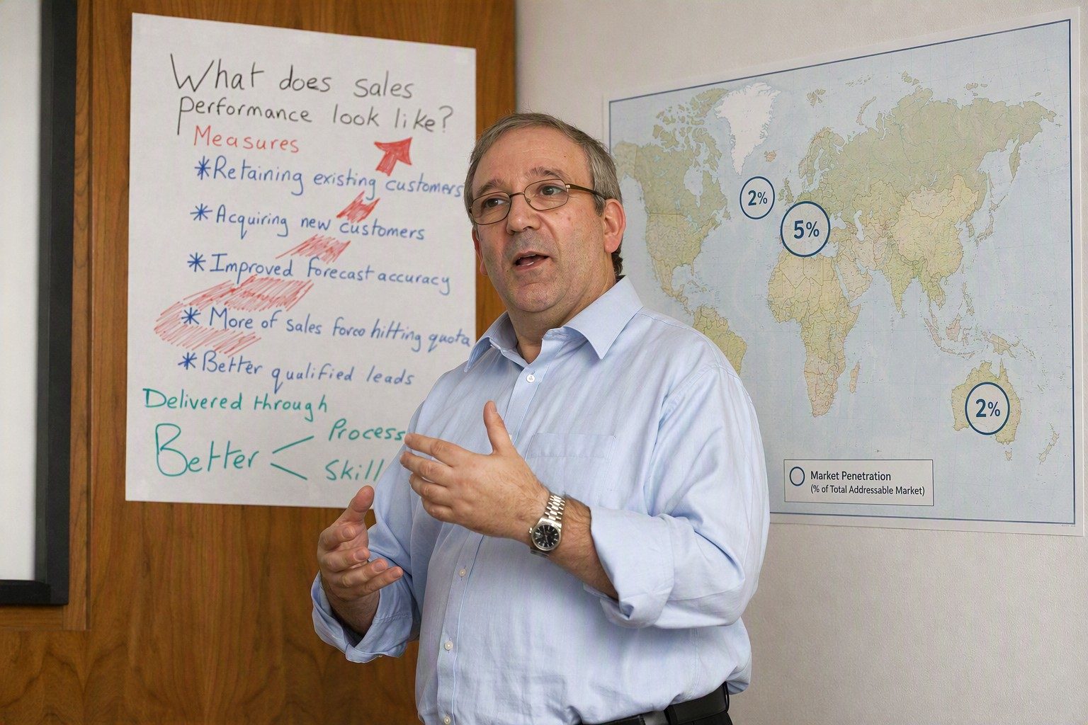 Stephen Newman at a flipchart during a sales performance workshop
